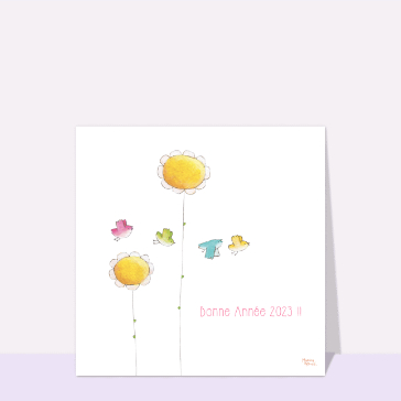 Carte bonne année 2024 avec de petits oiseaux et des fleurs