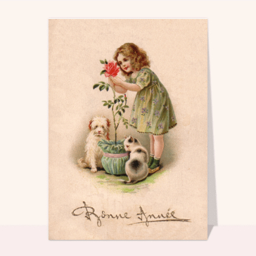 carte de voeux ancienne 2023 : Carte ancienne avec une petite fille