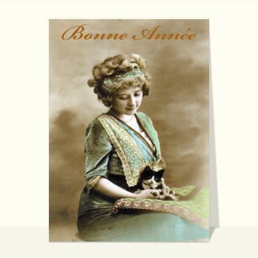 carte de voeux ancienne 2023 : bonne année 2023 une dame et son chat
