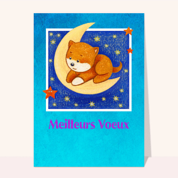 carte de voeux 2023 enfant et mignonne : Meilleurs voeux chaton sur la lune