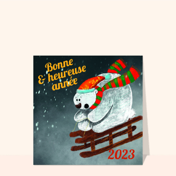 carte de voeux 2023 enfant et mignonne : Bonne année et l`ours blanc