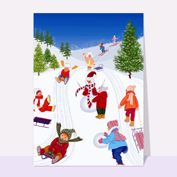Carte de Noël enfant : Les enfants jouent dans la neige