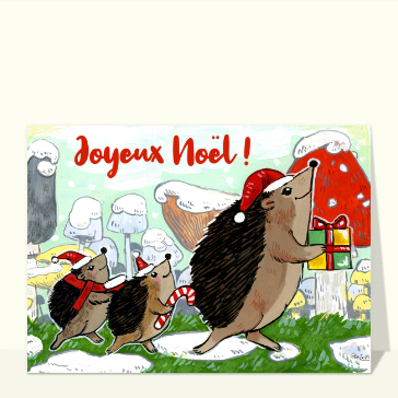 Carte de Noël enfant : Joyeux Noël et famille Hérisson