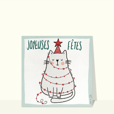 Carte de Noël enfant : Joyeuses fêtes petit chat enguirlandé