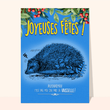 Carte Joyeuses fêtes hérisson qui fait la vaisselle