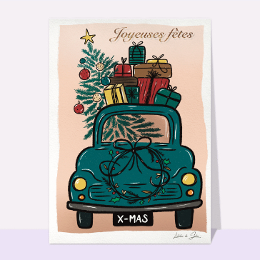 Carte de Noël humour : Joyeuses fêtes en voiture vintage