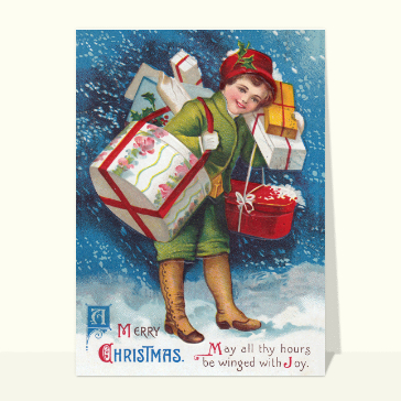 Carte de Noël en plusieurs langues : Merry Christmas l'enfant et tous ses cadeaux