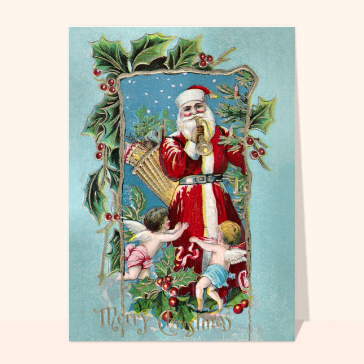 Carte de Noël en plusieurs langues : Merry Christmas et Santa trompettiste