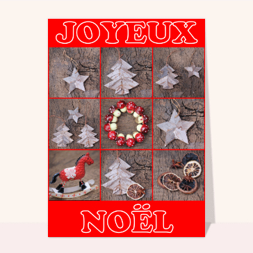 carte de noel : Joyeux Noël et décorations en bois