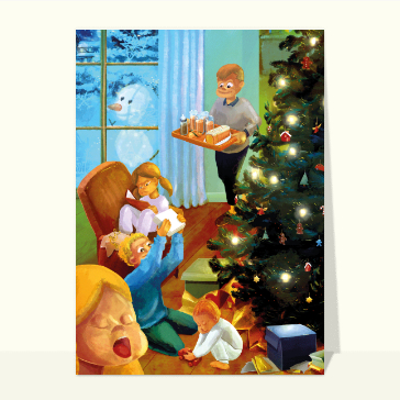 carte de noel : Le matin de Noël en famille
