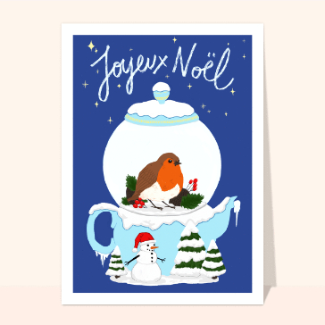 Carte Joyeux Noël rouge gorge et boule à neige