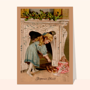 carte ancienne Noël : Joyeux Noël chaussons devant la cheminée