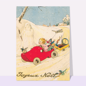 carte ancienne Noël : Joyeux Noël et la petite voiture rouge