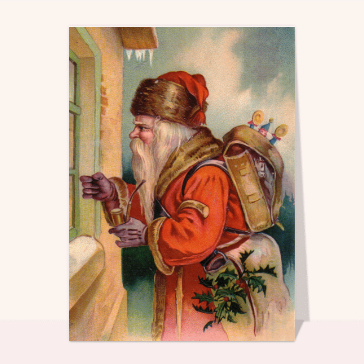 carte ancienne Noël : Le père Noël qui frappe à la porte