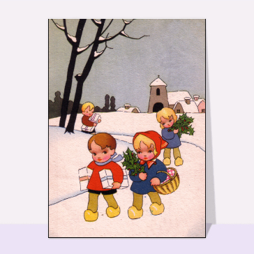 carte ancienne Noël : Les enfants et leur houx de Noël