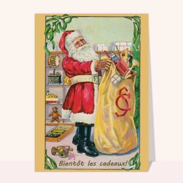 carte ancienne Noël : La sac de cadeaux du père Noël