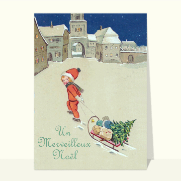 carte ancienne Noël : Merveilleux Noël et luge de cadeaux
