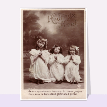 carte ancienne Noël : Heureux noel 3 petites filles