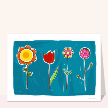 Carte avec des fleurs : Quatre fleurs sur fond bleu