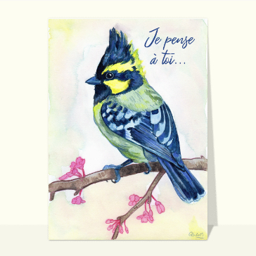Carte Mésange à joues jaunes sur une branche