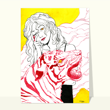 Carte Jeune fille qui pleure et tigre rugissant