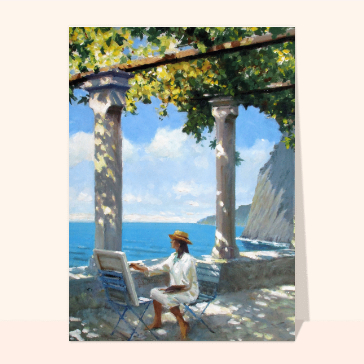 carte de paysages : Jeune artiste peignant près des colonnes