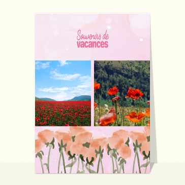 Carte souvenir de vacances : Souvenirs de vacances fond rose et jolies fleurs