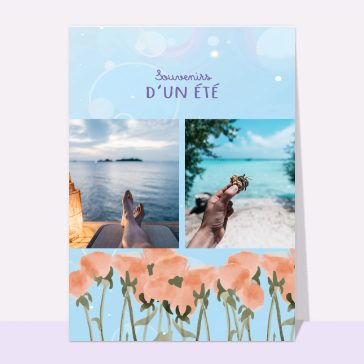 Carte souvenir de vacances : Souvenirs d'été sur fond bleu avec des fleurs