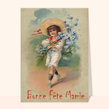 carte ancienne fête des grands-mères : Enfant avec un bouquet de fleurs