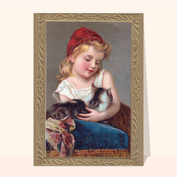 carte ancienne fête des grands-mères : Une petite fille et son chat