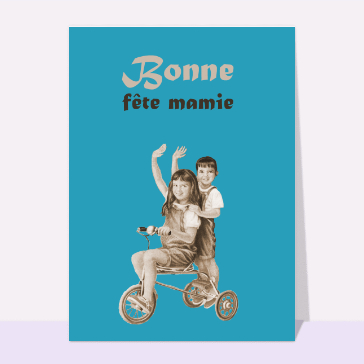 carte ancienne fête des grands-mères : Bonne fête mamie sur un tricycle