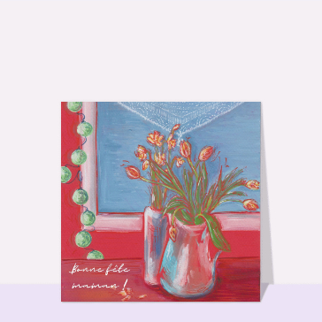 Carte fête des mères avec des fleurs : Bonne fête maman bouquet devant une fenêtre