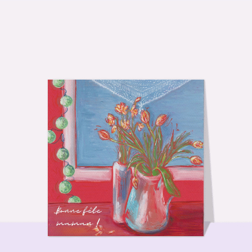 Carte Bonne fête maman bouquet devant une fenêtre