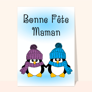 Carte fête des mères avec des animaux : Bonne fête maman petits penguins