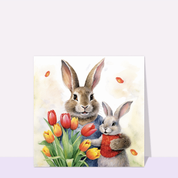 Carte fête des mères avec des animaux : Maman lapin et bouquet de fleurs