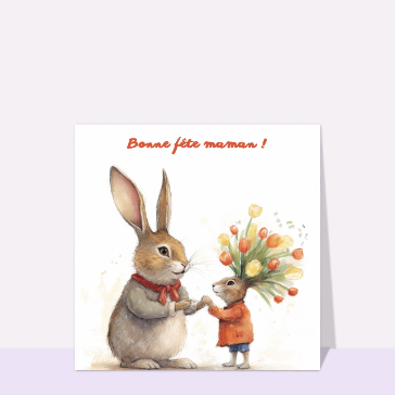 Carte fête des mères avec des animaux : Petit lapin coiffé de fleurs