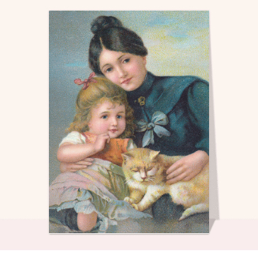 carte ancienne fête des mères : Une fillette, son chat et sa maman