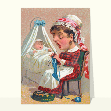 carte ancienne fête des mères : Maman chante en tricotant