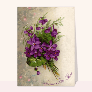 Carte ancienne fête des pères : Bonne fête papa et fleurs violettes