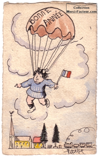 Bonne année avec saut en parachute pour un dessin sur carte postale