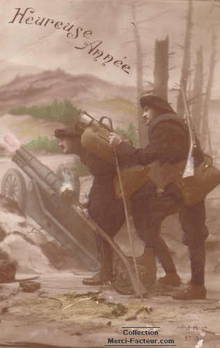 Carte postale ancienne de voeux avec des soldats et un canon