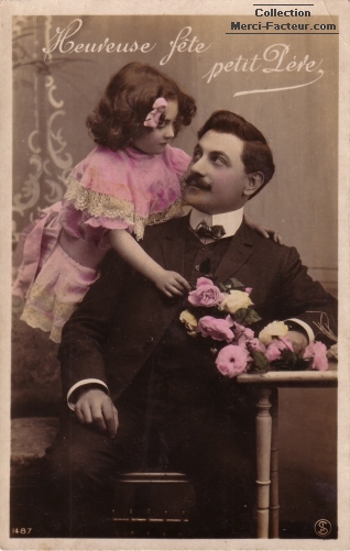 carte postale ancienne fete des pères avec petite fille et son Papa