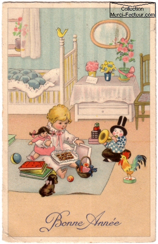Dessin ancien de carte postale ancienne CPA avec bébé lit et jouets carte de voeux Bonne année