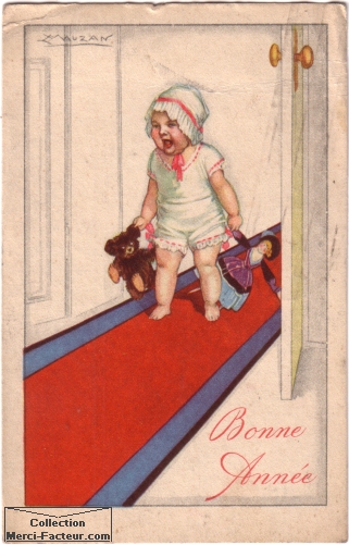 Bébé qui pleure avec jouets sur carte postale ancienne