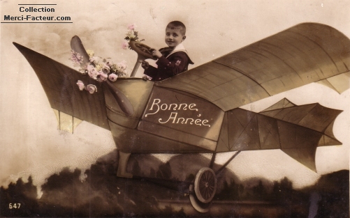 Carte de voeux avec aéroplane et enfant avec roses