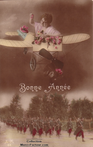 Carte postale ancienne de guerre avec avion de bombardement de roses sur les soldats