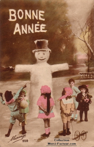 Carte postale ancienne de voeux avec bonhomme de neige et enfants