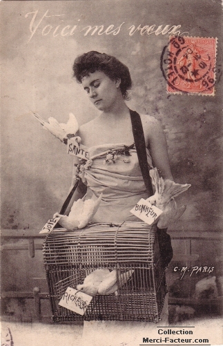 Carte postale ancienne de voeux avec vendeuse de colombes