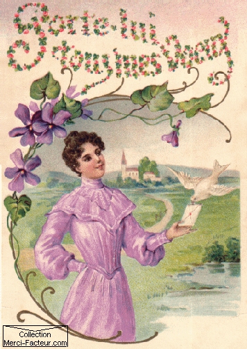 Carte postale ancienne representant une Jeune femme confiant une lettre à un colombe