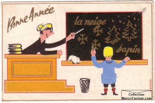 carte avec maitresse d'école et enfant sur tableau noir